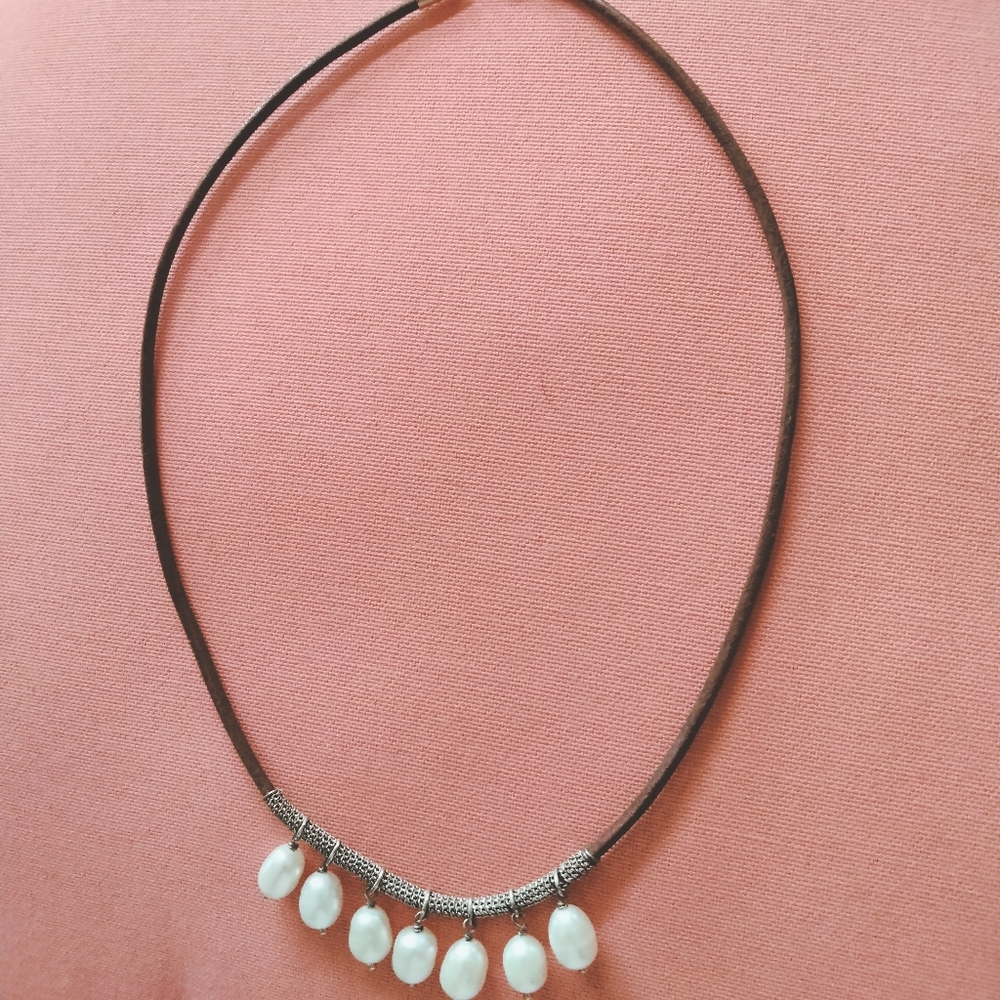 Silpada Sterling Silver 16" Brown Cord Necklace with 7 Freshwater Pearls.